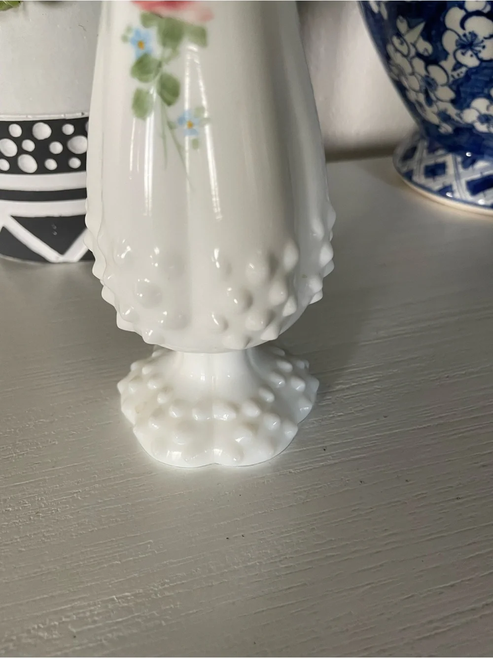 Signed Fenton Rose Garden Milk glass Hobnail Vase signed Sylvia Lesinger